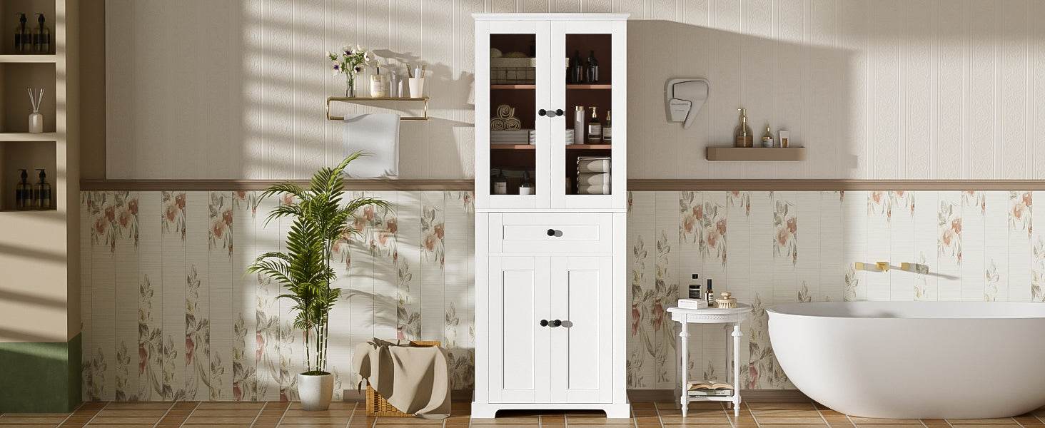 MLNshops tall bathroom storage cabinet - White, Glass Doors