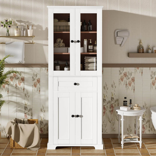 MLNshops tall bathroom storage cabinet - White, Glass Doors - MLNshops