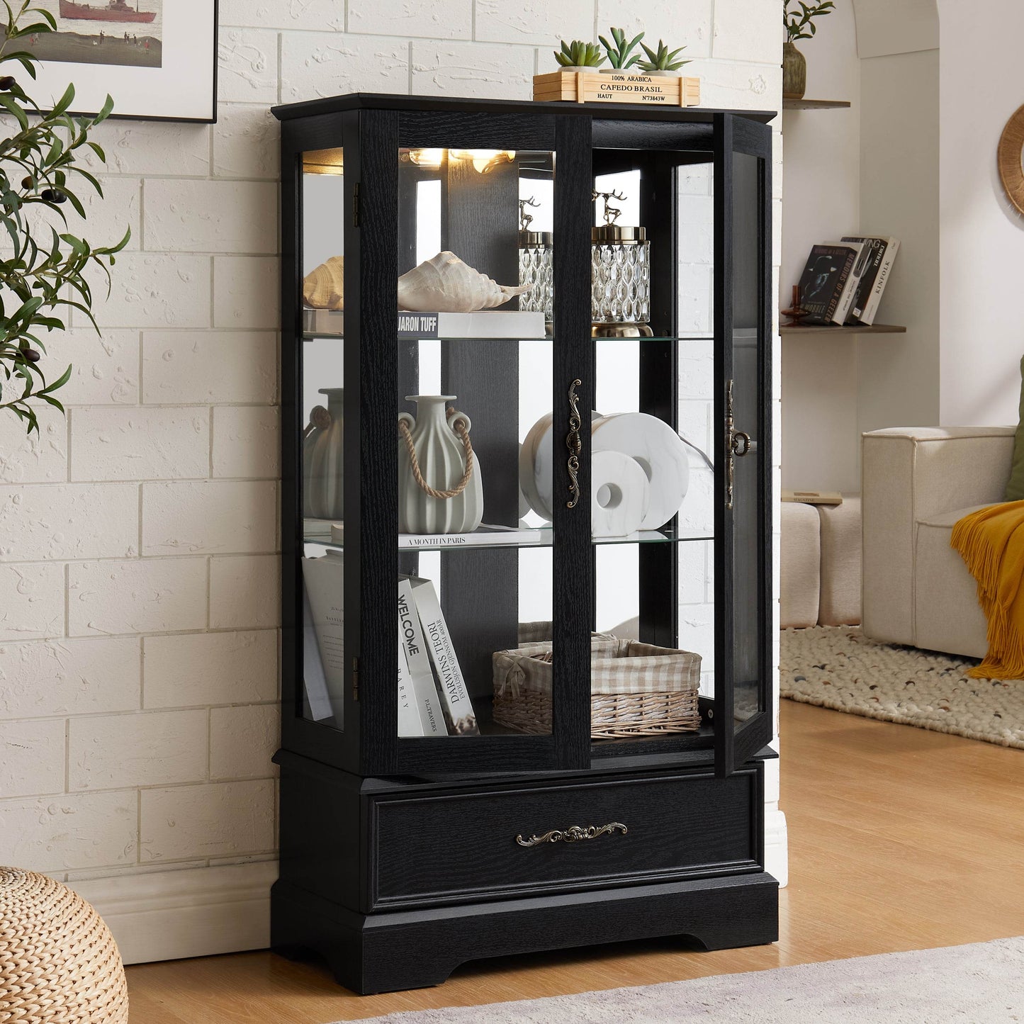 MLNshops black lighted curio cabinet with glass doors