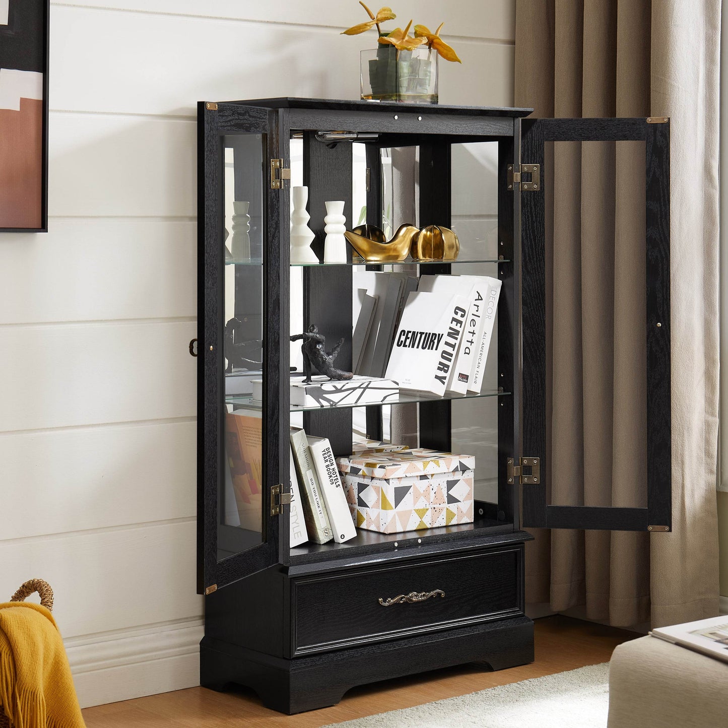 MLNshops black lighted curio cabinet with glass doors