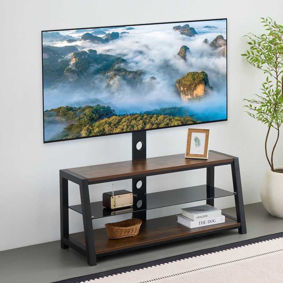 MLNshops rustic brown wooden TV stand, 3-Tier Glass