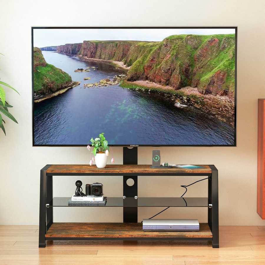MLNshops rustic brown wooden TV stand, 3-Tier Glass Default