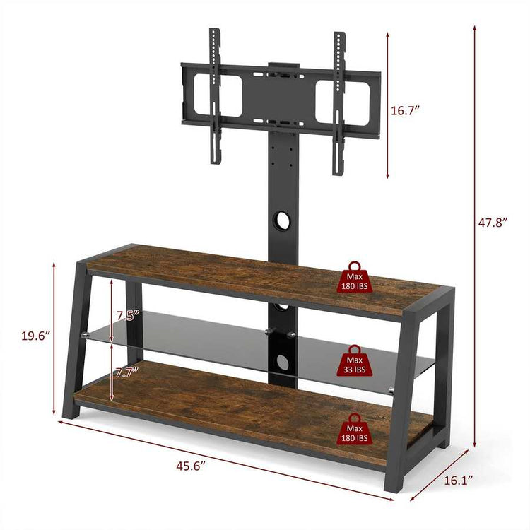 MLNshops rustic brown wooden TV stand, 3-Tier Glass