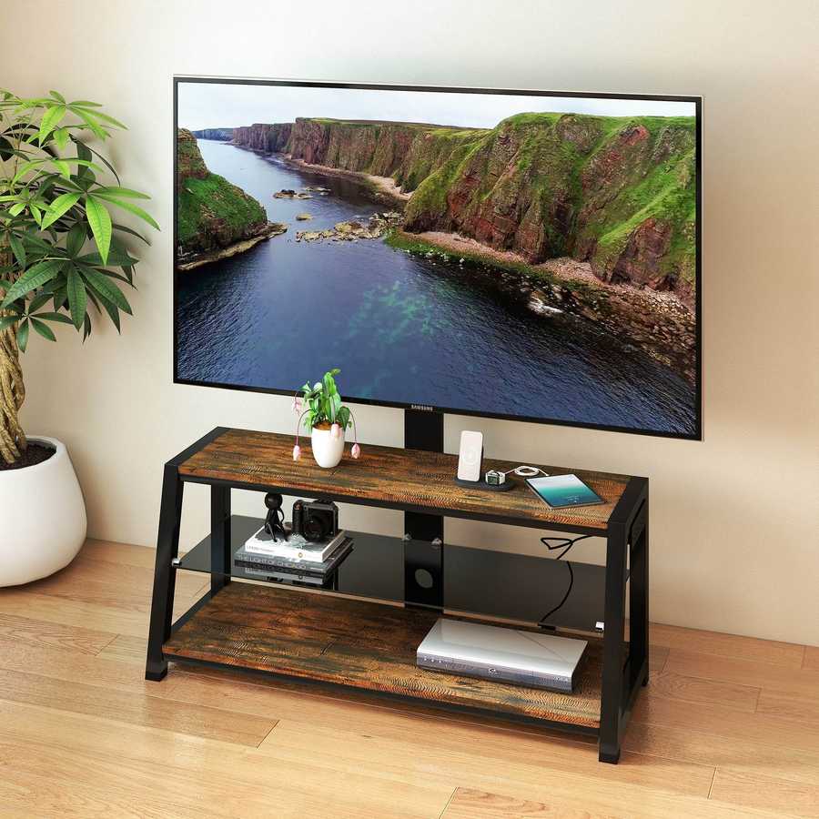 MLNshops rustic brown wooden TV stand, 3-Tier Glass