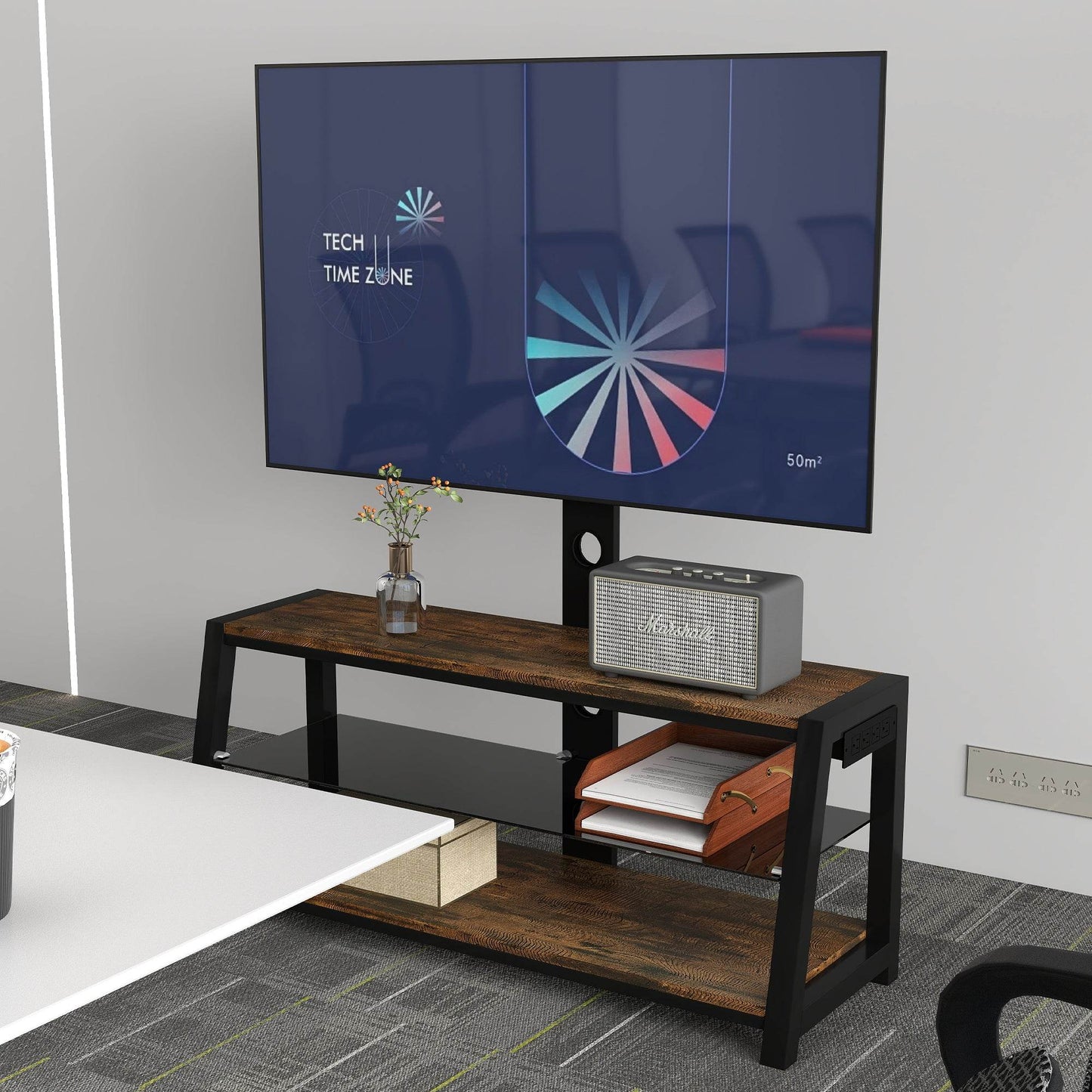 MLNshops rustic brown wooden TV stand, 3-Tier Glass