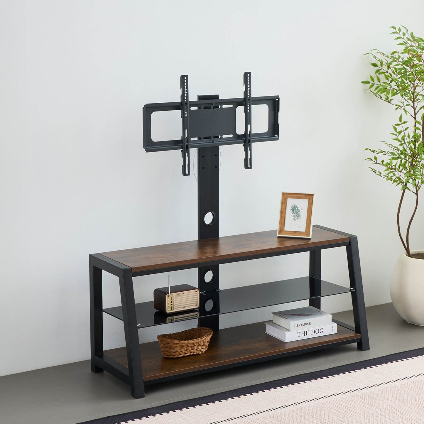 MLNshops rustic brown wooden TV stand, 3-Tier Glass