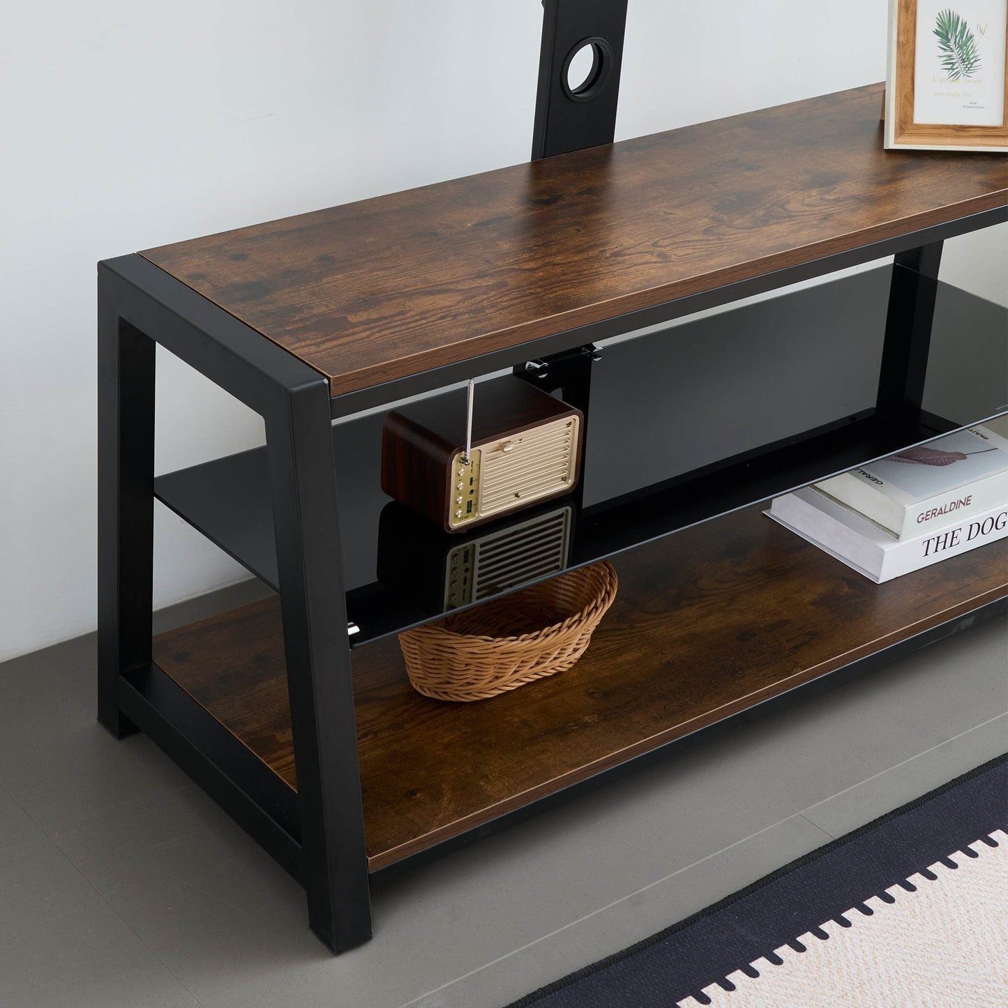 MLNshops rustic brown wooden TV stand, 3-Tier Glass