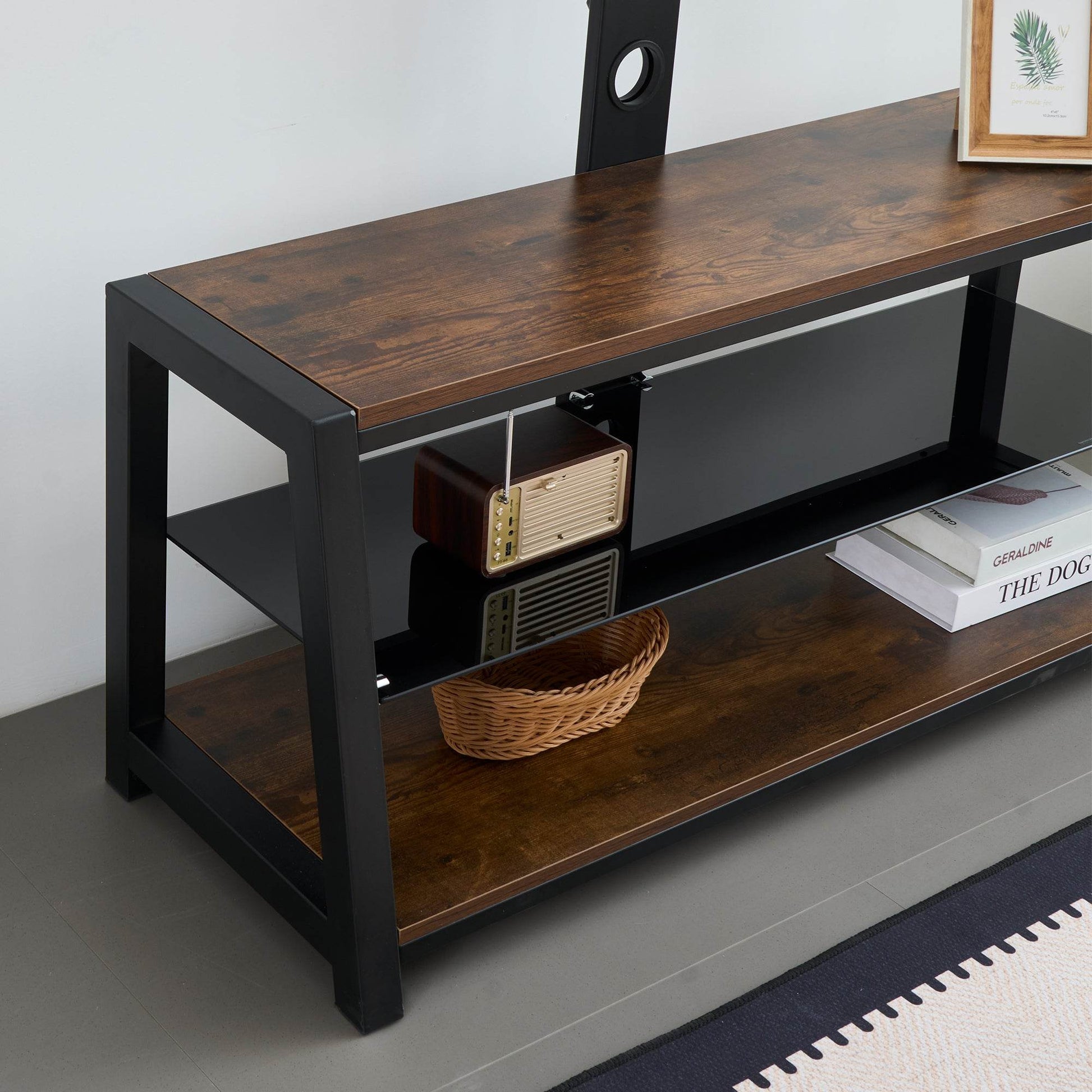 MLNshops rustic brown wooden TV stand, 3-Tier Glass