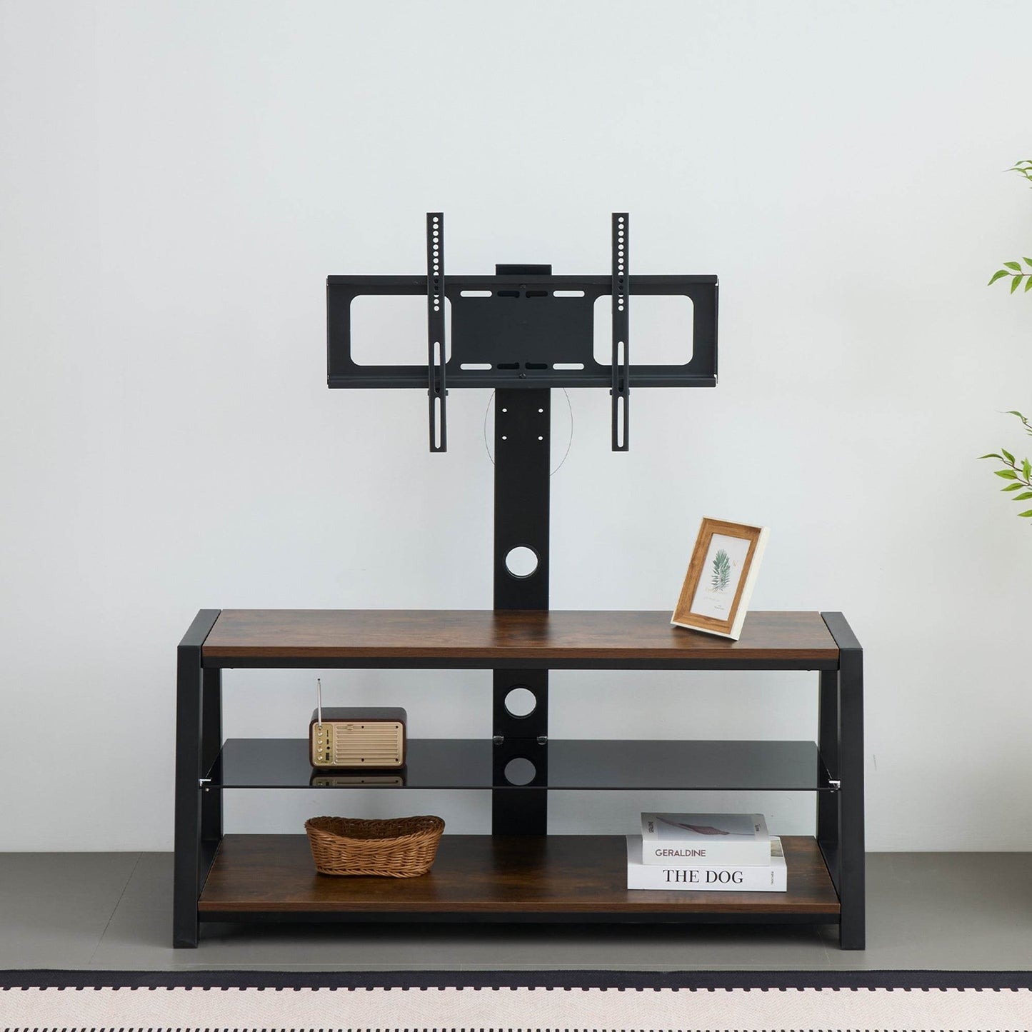 MLNshops rustic brown wooden TV stand, 3-Tier Glass