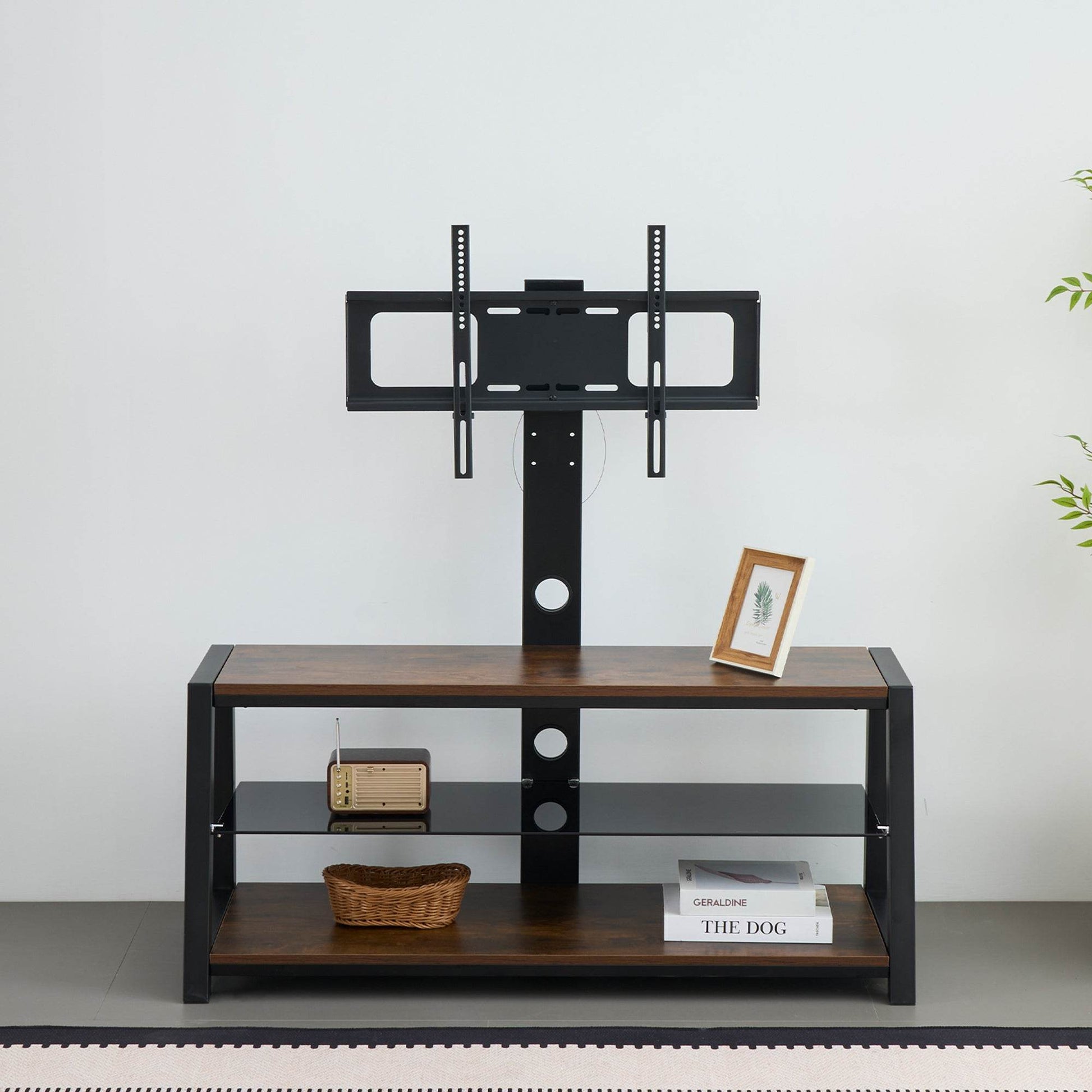 MLNshops rustic brown wooden TV stand, 3-Tier Glass