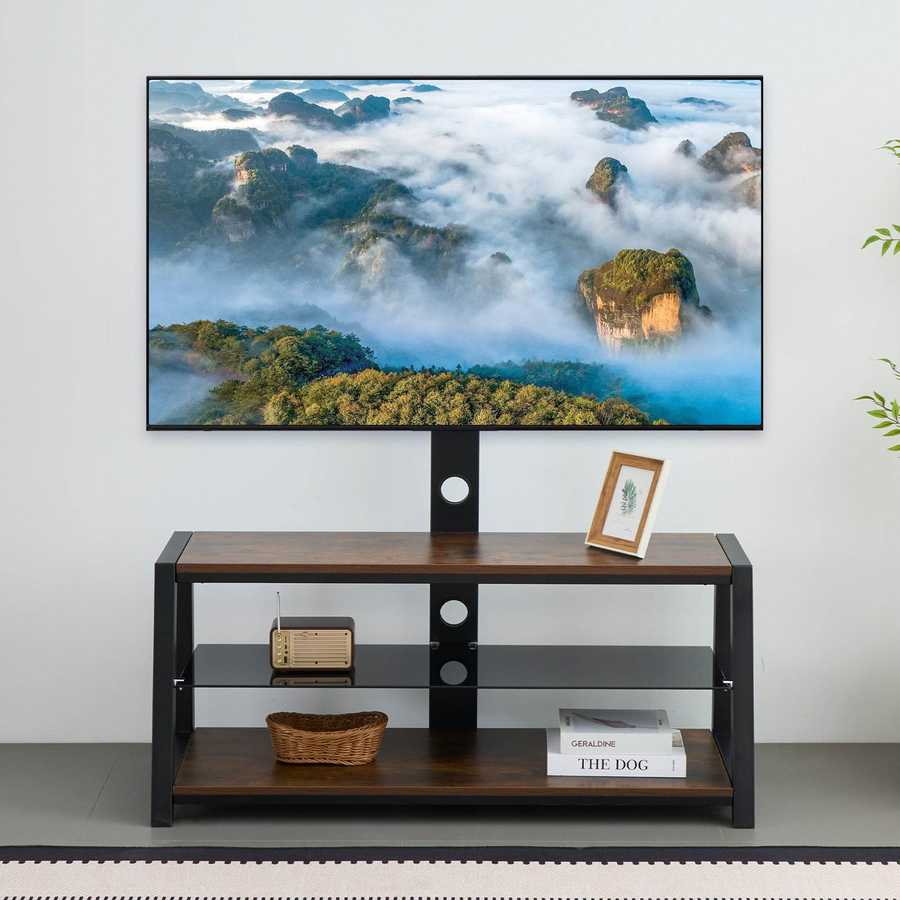 MLNshops rustic brown wooden TV stand, 3-Tier Glass