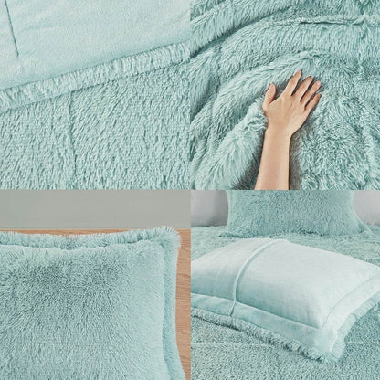 MLNshops Mint shaggy long fur comforter set king Ultra-Soft