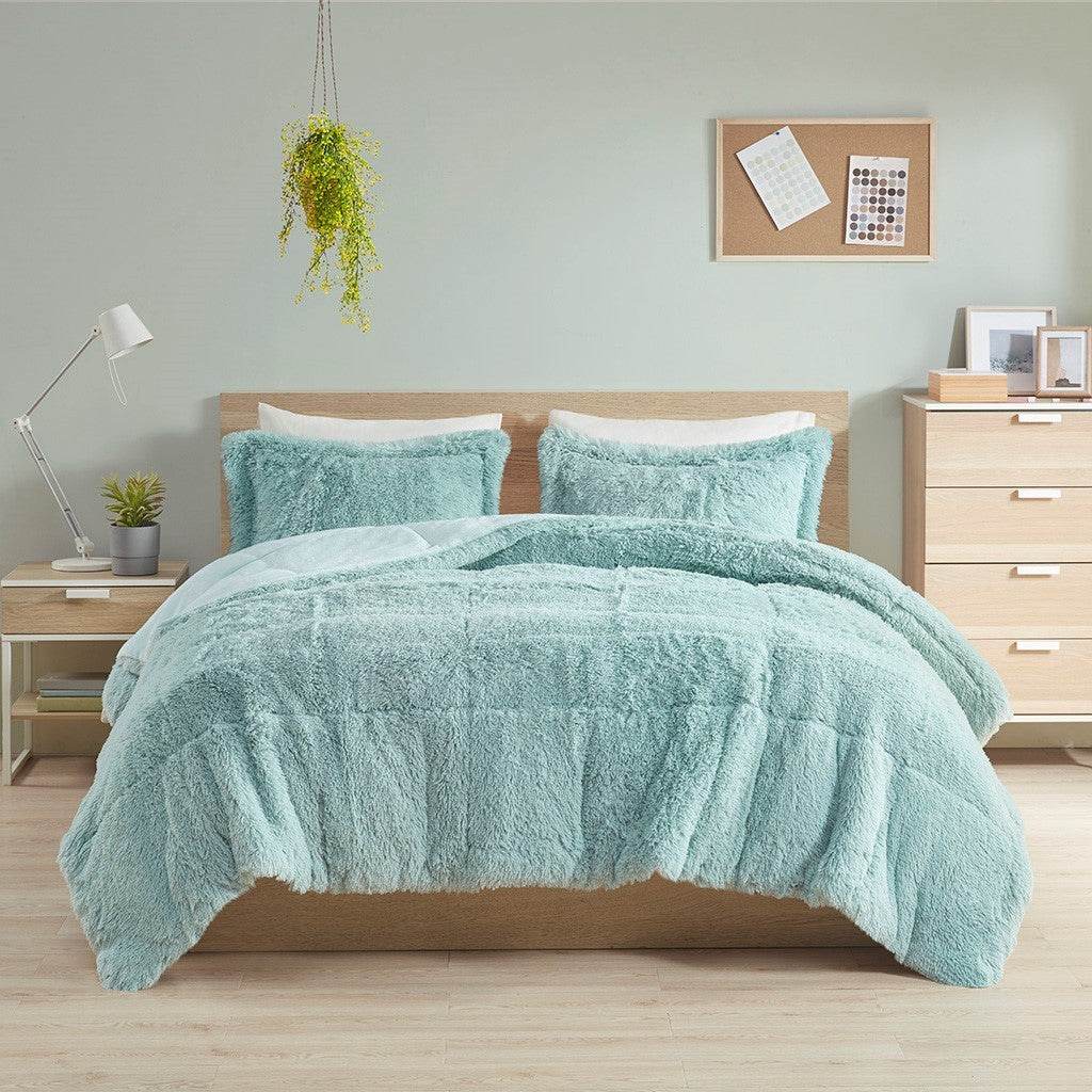 MLNshops Mint shaggy long fur comforter set king Ultra-Soft