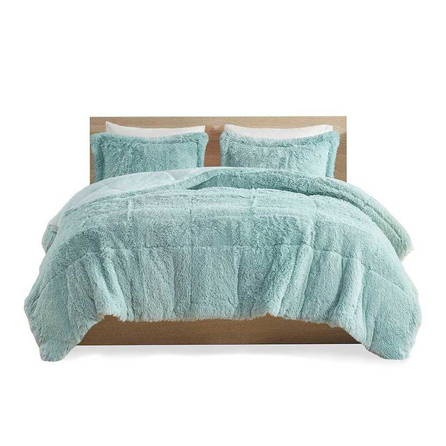 MLNshops Mint shaggy long fur comforter set king Ultra-Soft