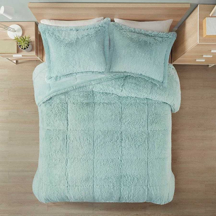 MLNshops Mint shaggy long fur comforter set king Ultra-Soft