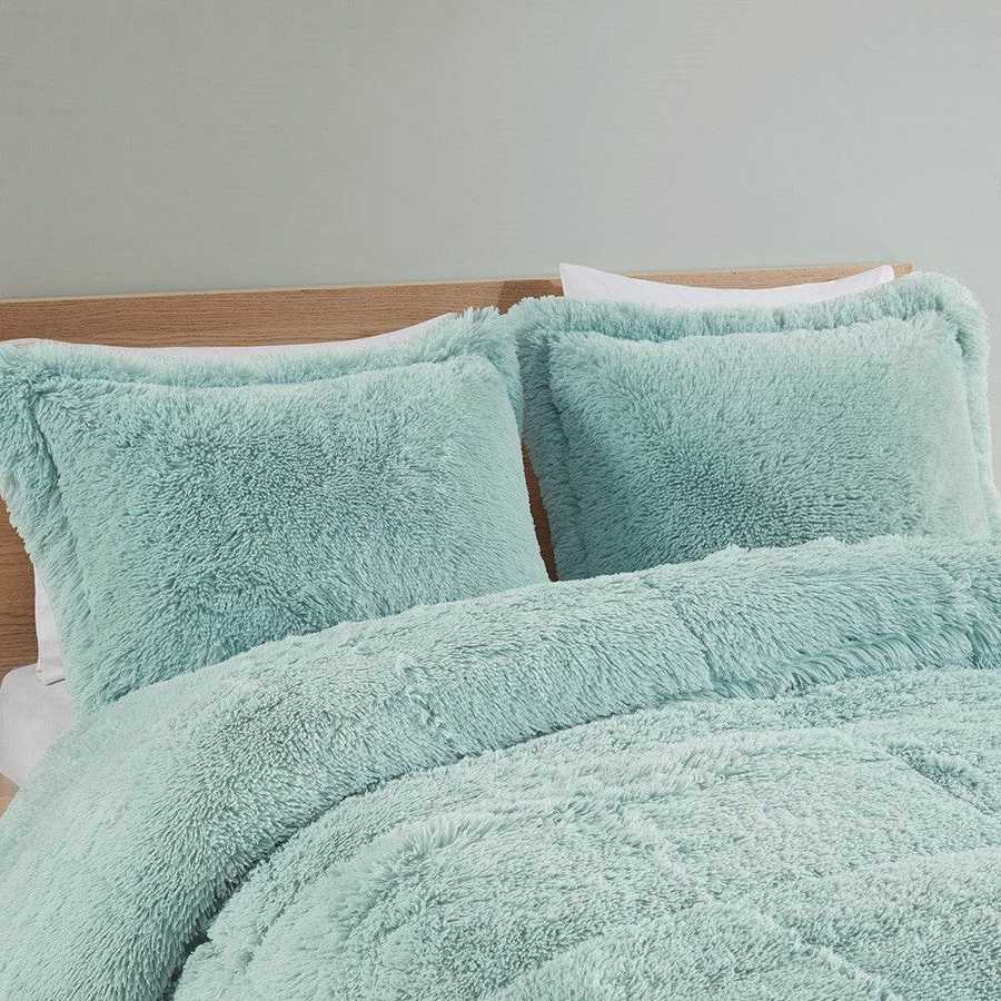 MLNshops Mint shaggy long fur comforter set king Ultra-Soft