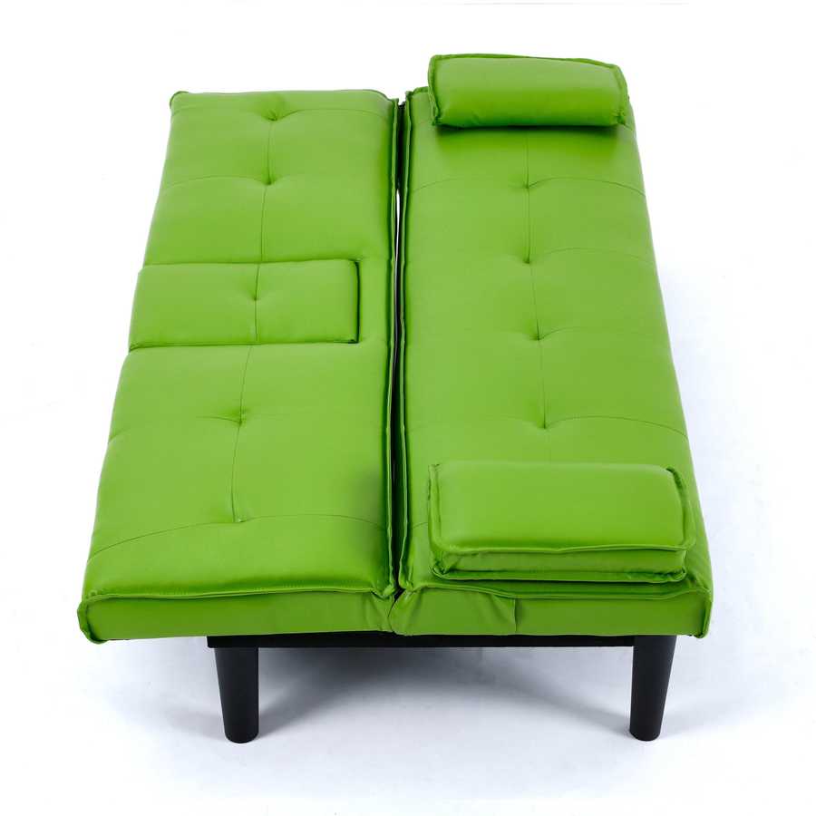 Green sofa bed with black legs on a white background