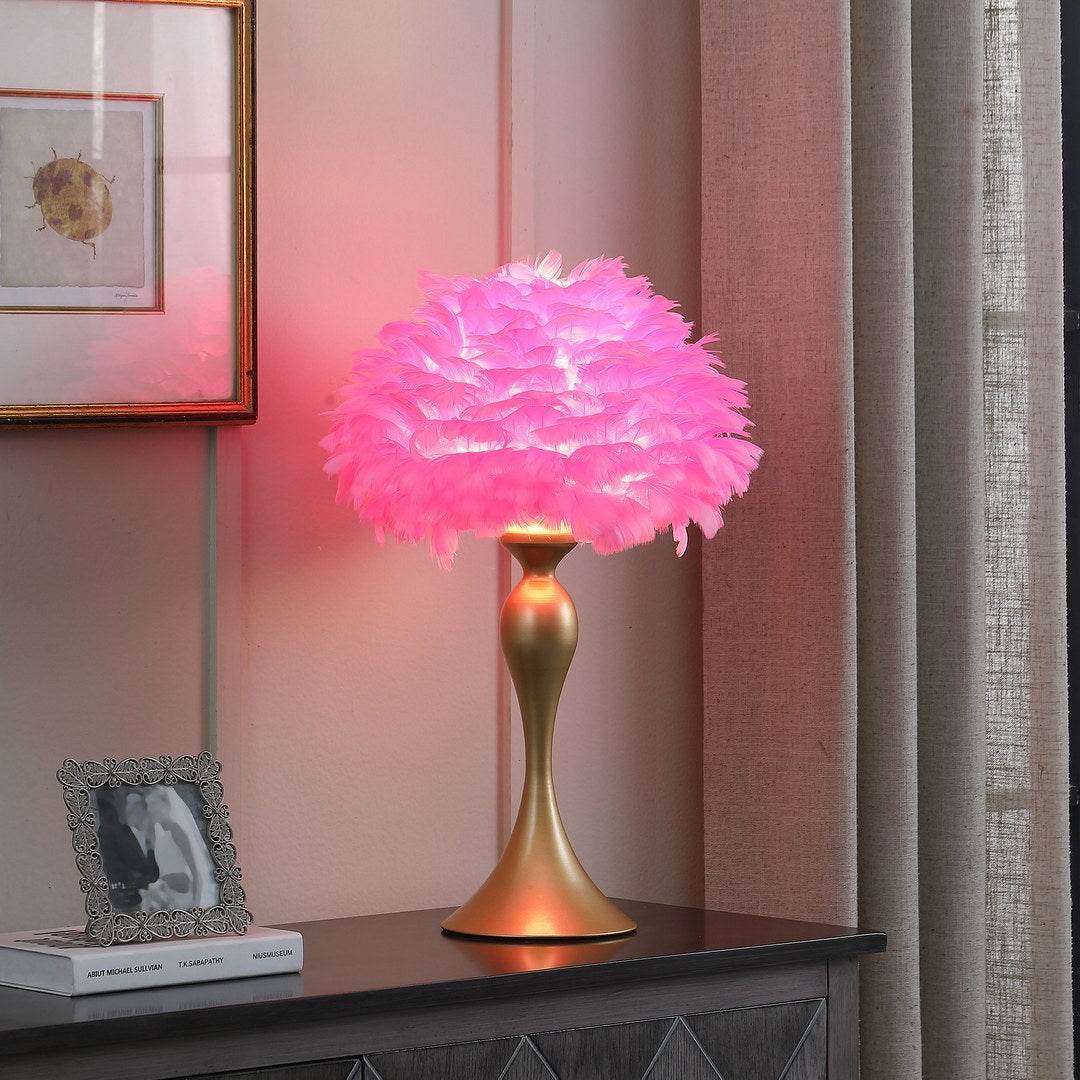MLNshops Hot Pink Feather Table Lamp with Gold Base