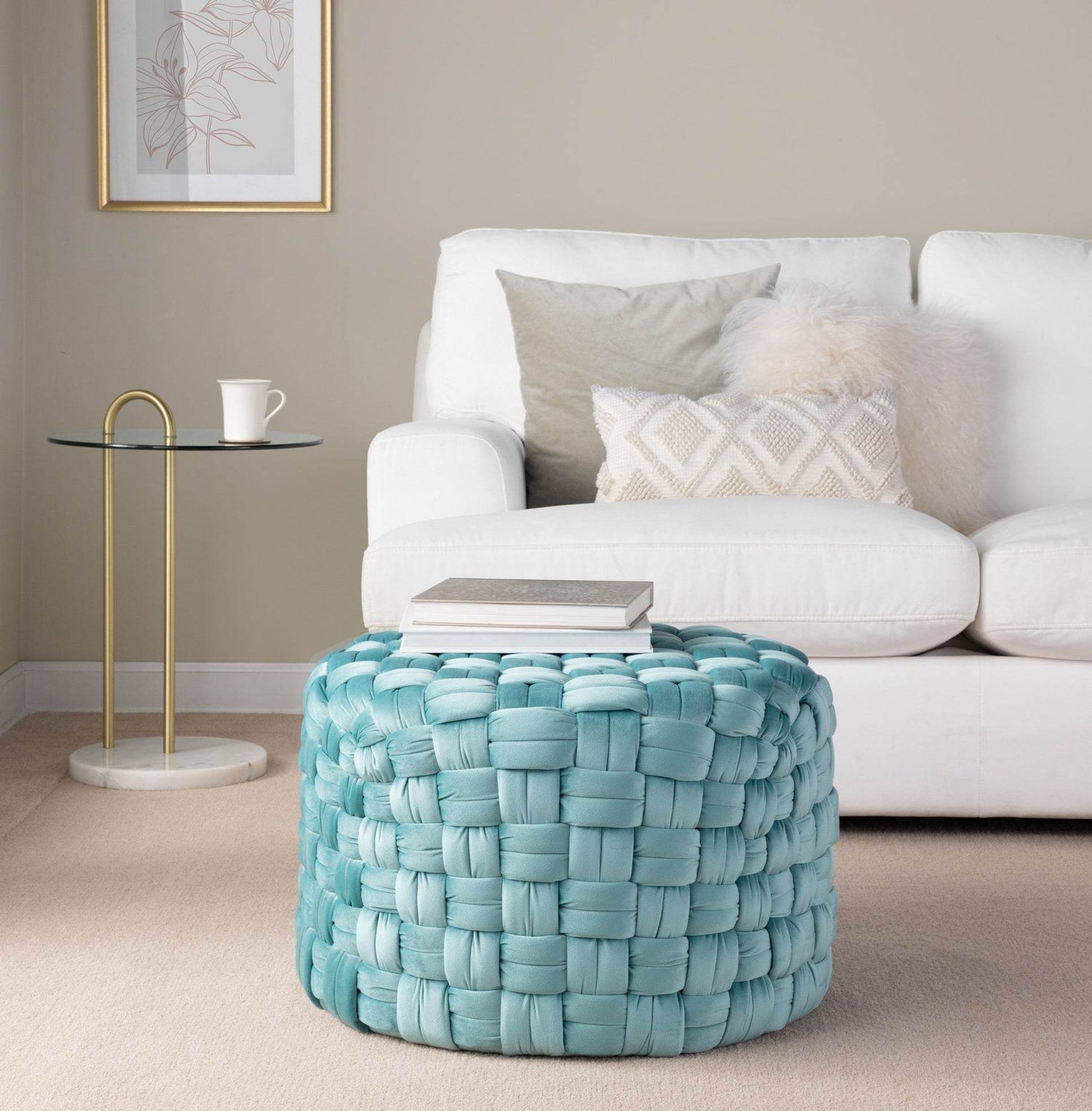 MLNshops Ice Blue Velvet Ottoman - Stylish Woven Seat