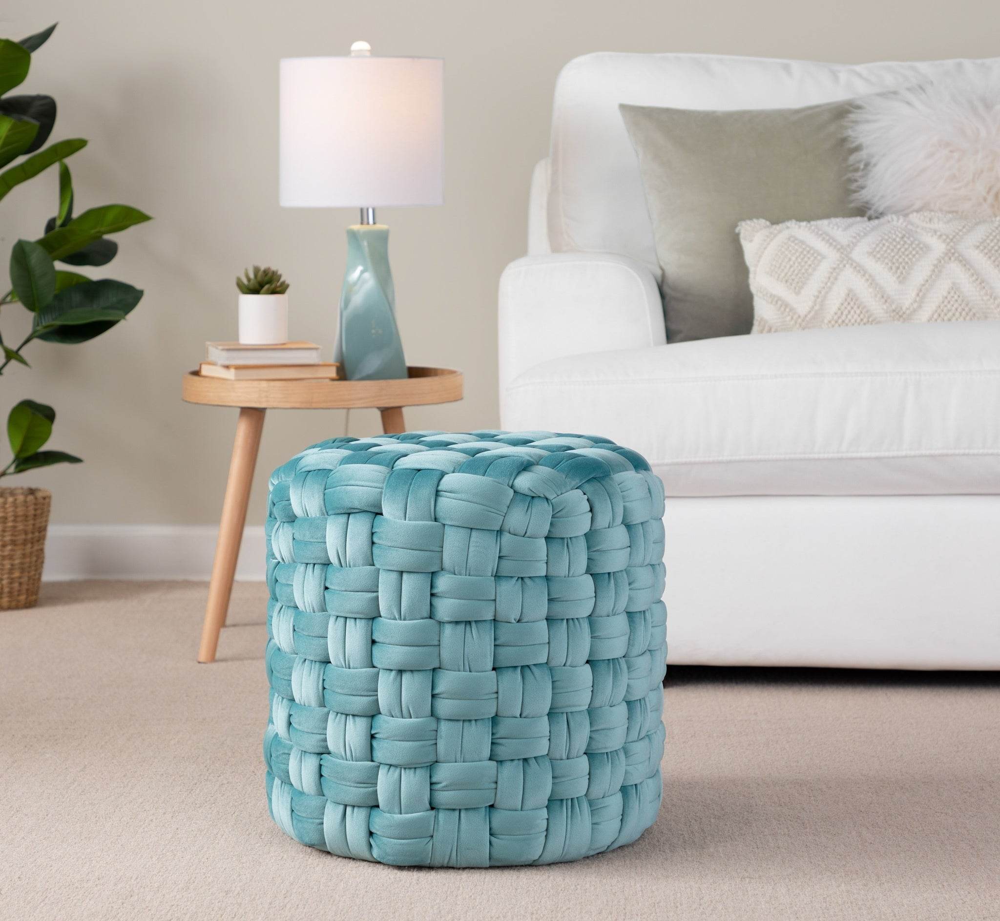 MLNshops Ice Blue Velvet Ottoman - Plush Woven Design