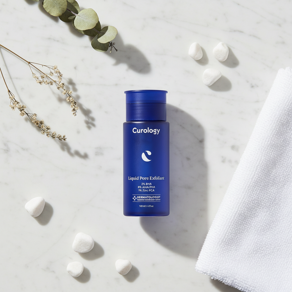 Liquid Pore Exfoliant lifestyle flat lay on cool marble with white pebbles and botanicals