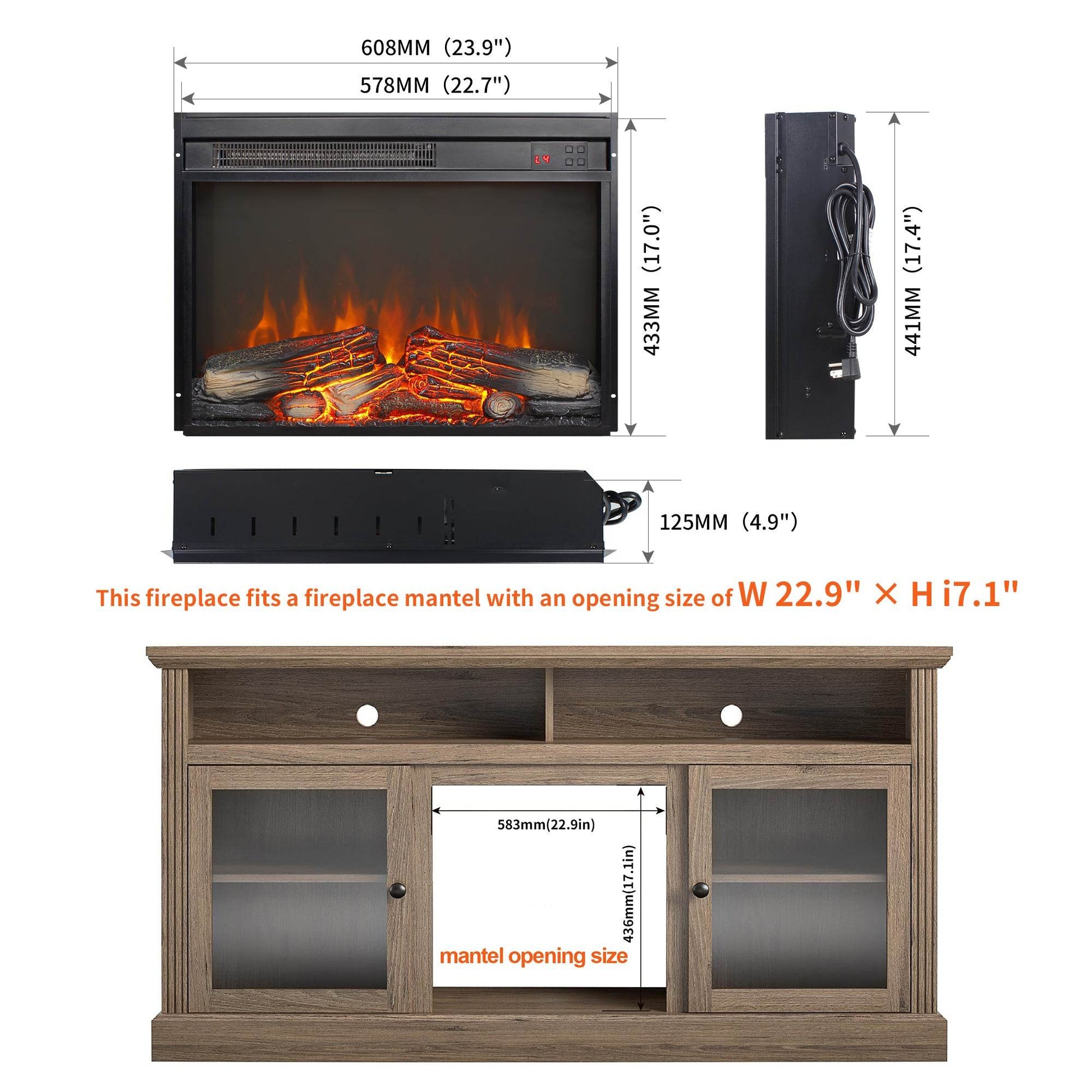 MLNshops 23 Inch Electric Fireplace Insert with Realistic Flame