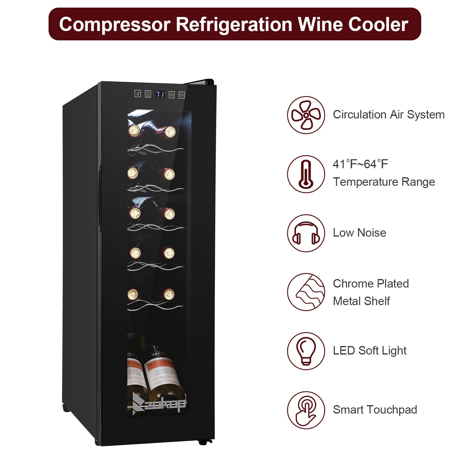 JC-34 115V 85W 1.2cu.ft/34l  Electronic Wine Fridges, Wine Cabinet Cold Rolled Sheet Transparent Glass Door / 12Bottle with Display Black MLNshops]