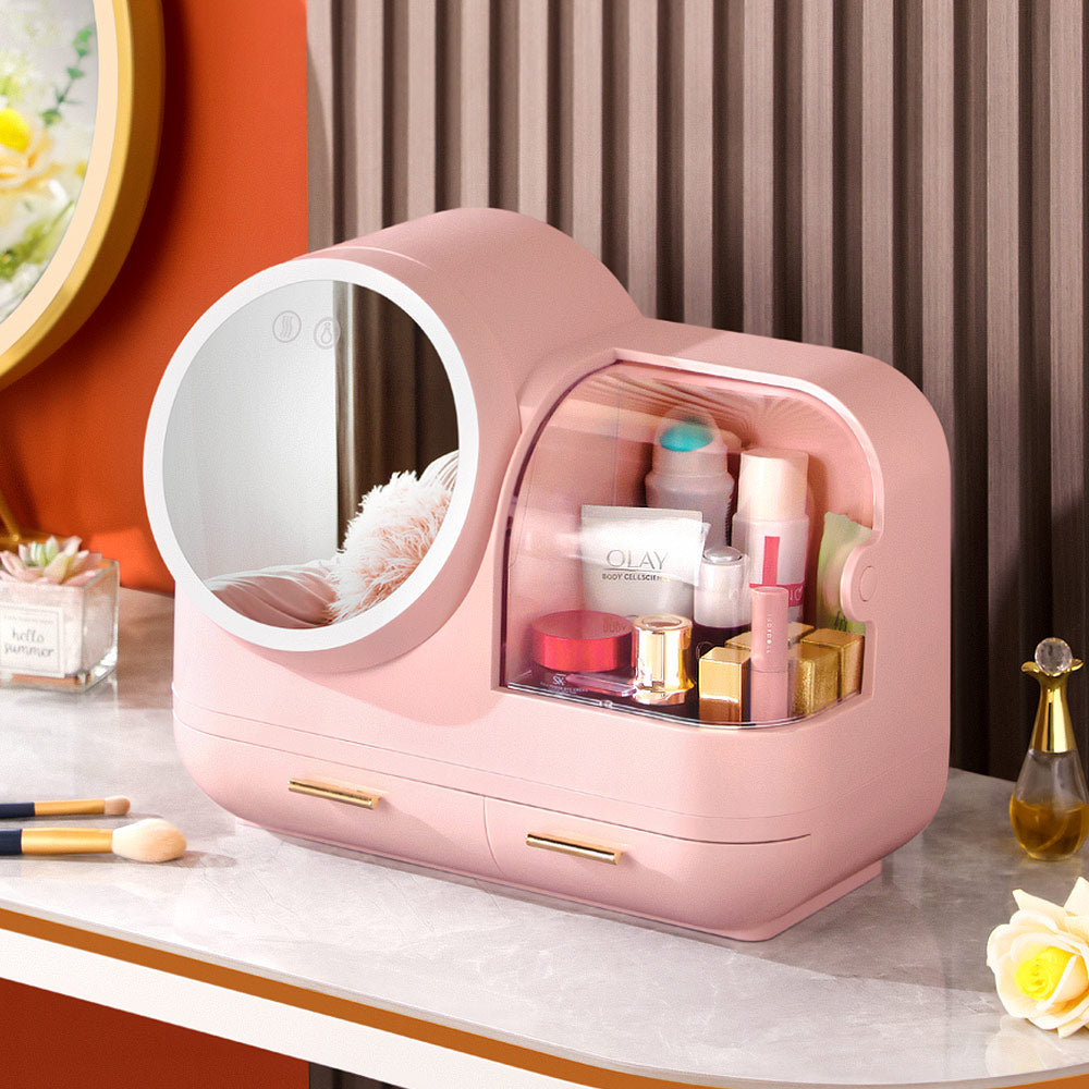 Joybos® Makeup Storage Organizer Box with Led Lighted Mirror Pink MLNshops]