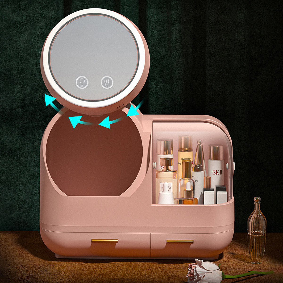 Joybos® Makeup Storage Organizer Box with Led Lighted Mirror Pink MLNshops]