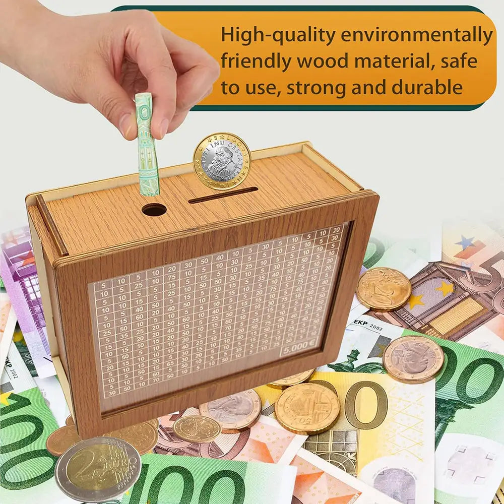 Large Capacity Wooden Piggy Bank Cash Box with Counter - Suitable for EURO MLNshops]