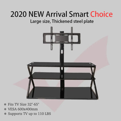 Leadzm TSG001 32-65" Corner Floor TV Stand with Swivel Bracket 3-tier Tempered Glass Shelves MLNshops]