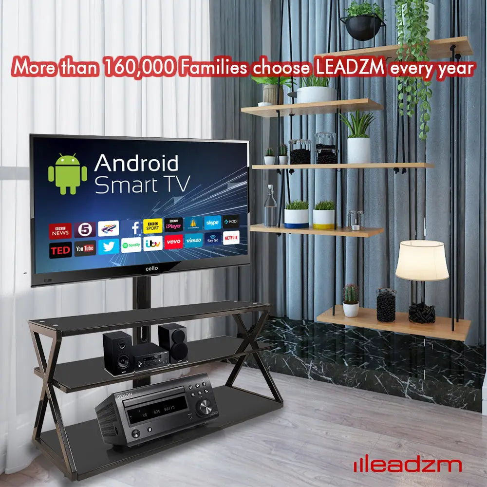 Leadzm TSG001 32-65" Corner Floor TV Stand with Swivel Bracket 3-tier Tempered Glass Shelves MLNshops]