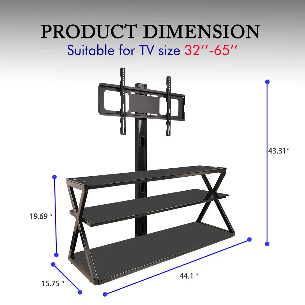 Leadzm TSG001 32-65" Corner Floor TV Stand with Swivel Bracket 3-tier Tempered Glass Shelves MLNshops]