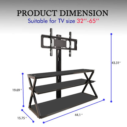 Leadzm TSG001 32-65" Corner Floor TV Stand with Swivel Bracket 3-tier Tempered Glass Shelves MLNshops]