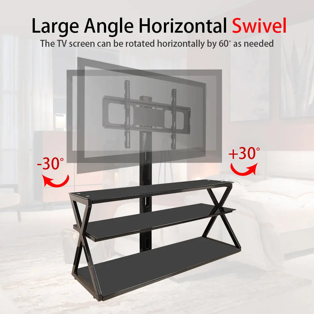 Leadzm TSG001 32-65" Corner Floor TV Stand with Swivel Bracket 3-tier Tempered Glass Shelves MLNshops]