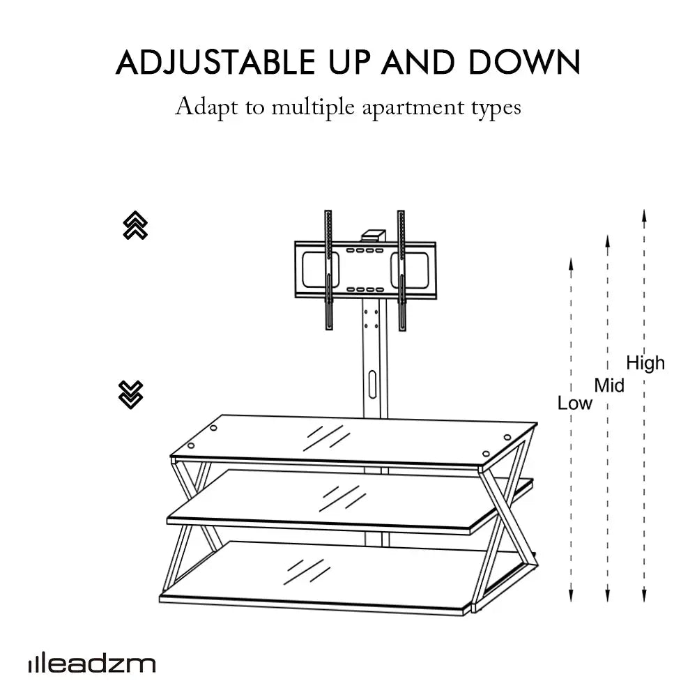 Leadzm TSG001 32-65" Corner Floor TV Stand with Swivel Bracket 3-tier Tempered Glass Shelves MLNshops]