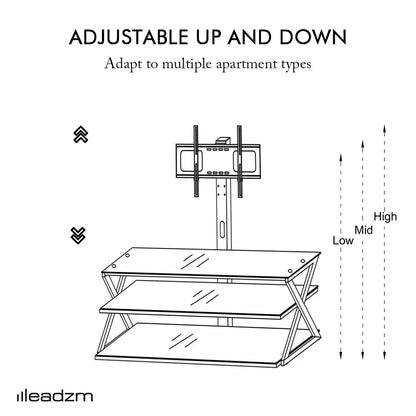 Leadzm TSG001 32-65" Corner Floor TV Stand with Swivel Bracket 3-tier Tempered Glass Shelves MLNshops]