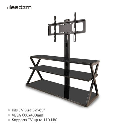 Leadzm TSG001 32-65" Corner Floor TV Stand with Swivel Bracket 3-tier Tempered Glass Shelves MLNshops]