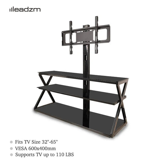 Leadzm TSG001 32-65" Corner Floor TV Stand with Swivel Bracket 3-tier Tempered Glass Shelves MLNshops]