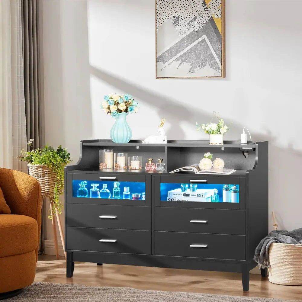 MLNshops LED Dresser with USB Ports and Tempered Glass