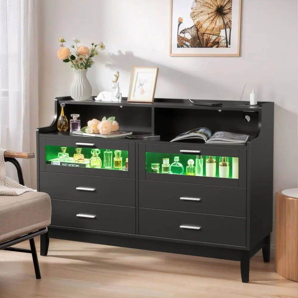 MLNshops LED Dresser with USB Ports and Tempered Glass