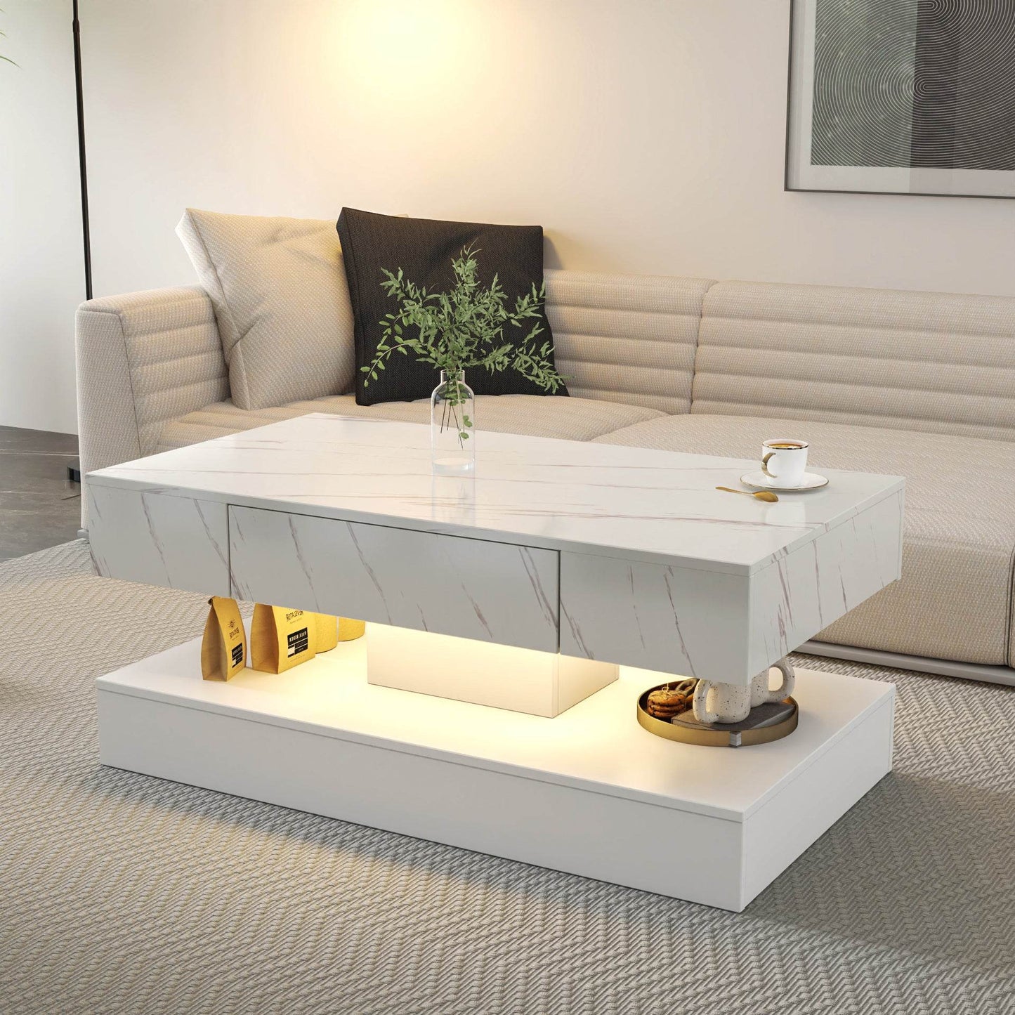 MLNshops LED Sofa table with storage in white marble finish with integrated lighting and modern design