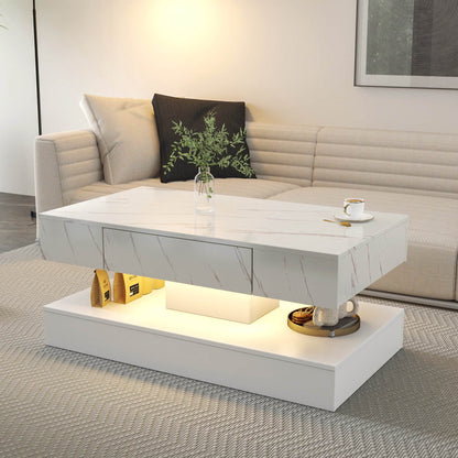 MLNshops LED Sofa table with storage in white marble finish with integrated lighting and modern design