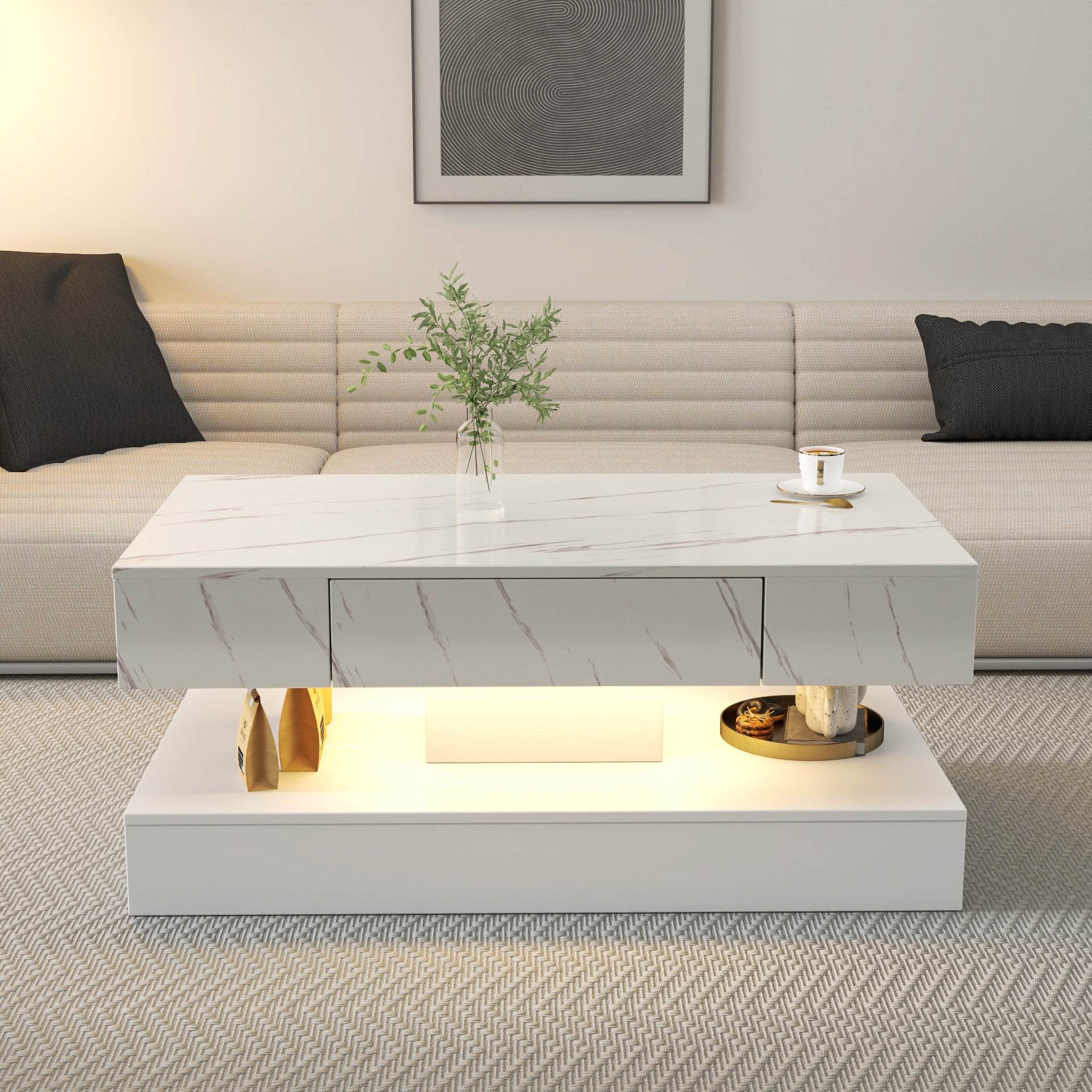 MLNshops white LED sofa table with storage featuring marble top and ambient lighting in living room