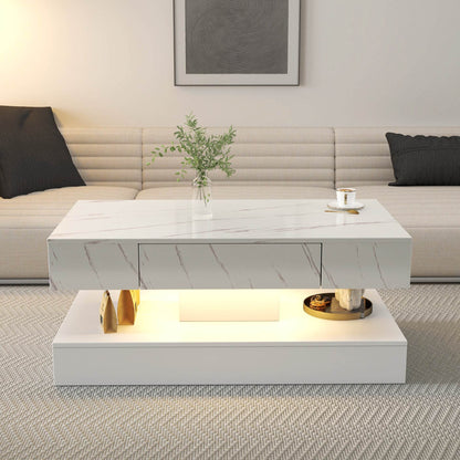 MLNshops white LED sofa table with storage featuring marble top and ambient lighting in living room