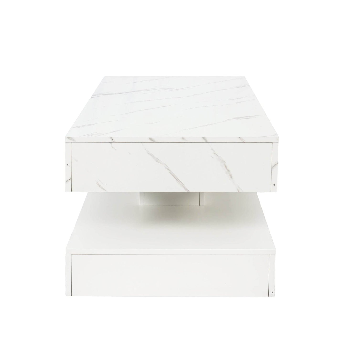 MLNshops modern LED Sofa table with storage in white marble finish and sleek design