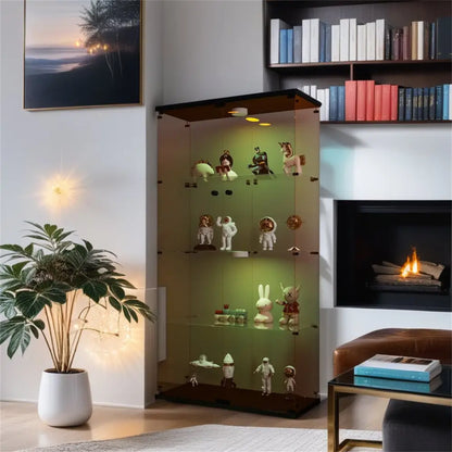 Lighted Two Door Glass Cabinet Glass Display Cabinet with 4 Shelves, Brown MLNshops]