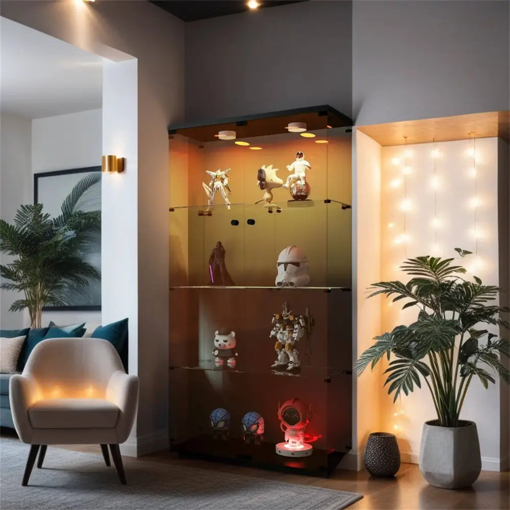 Lighted Two Door Glass Cabinet Glass Display Cabinet with 4 Shelves, Brown MLNshops]