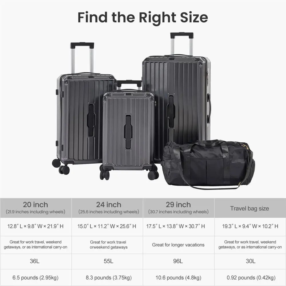 Luggage Set 4 pcs (20"/24"/29"/Travel Bag), PC+ABS Durable Lightweight Luggage with Collapsible Cup Holder, 360° Silent Spinner Wheels Gray MLNshops]