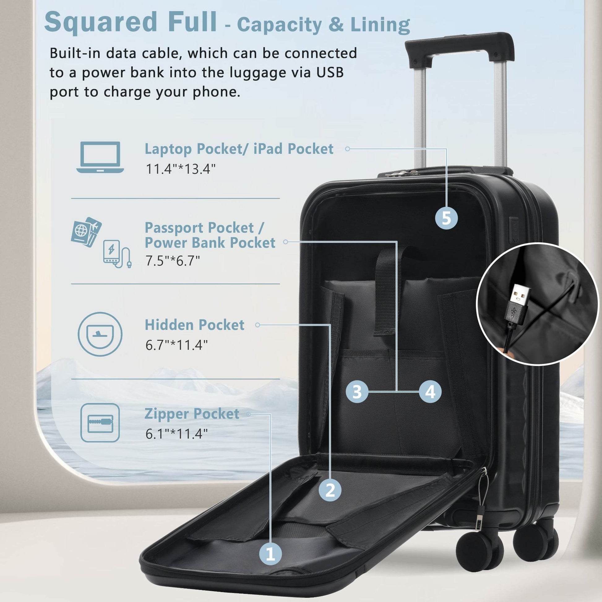 MLNshops Travel Set: carry on suitcase with charging port